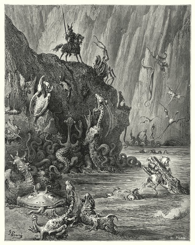 Gustave Dore Don Quijote: "Hatalmas, forró szurok tó, amelyben vad és szörnyű lények végtelen sokasága halad előre-hátra" (metszet) alkotó: Gustave Dore