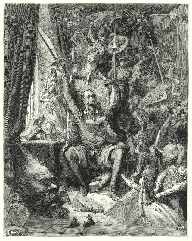 Gustave Dore Don Quijote: "A rendezetlen fogalmak világa, könyveiből kiválogatva, képzeletébe zsúfolva" (metszet) alkotó: Gustave Dore