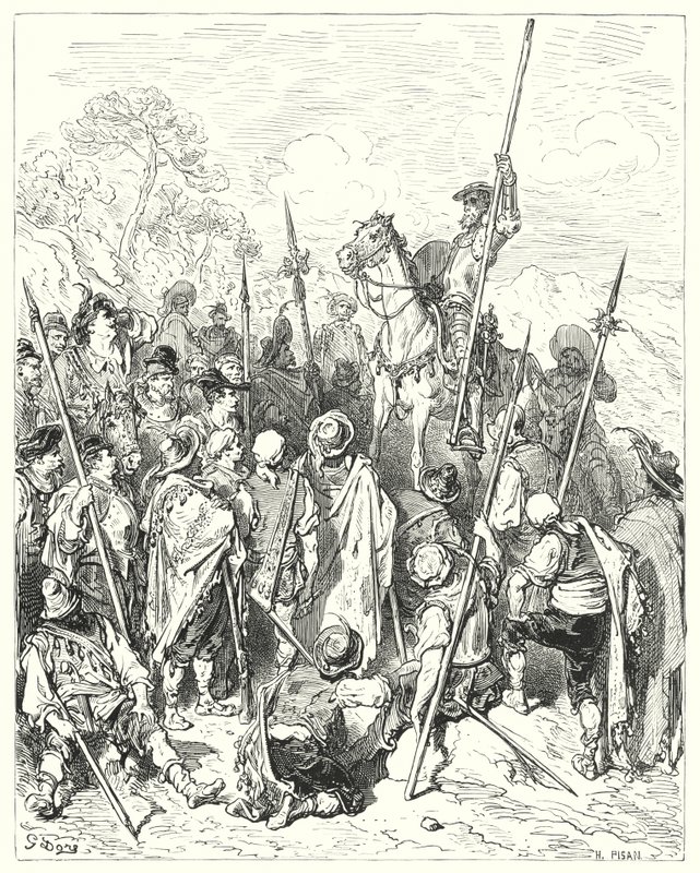 Gustave Dore Don Quijote: "A fegyverek törvényei szerint valóban megsértitek magatokat, ha sértettnek gondoljátok magatokat" (metszet) alkotó: Gustave Dore