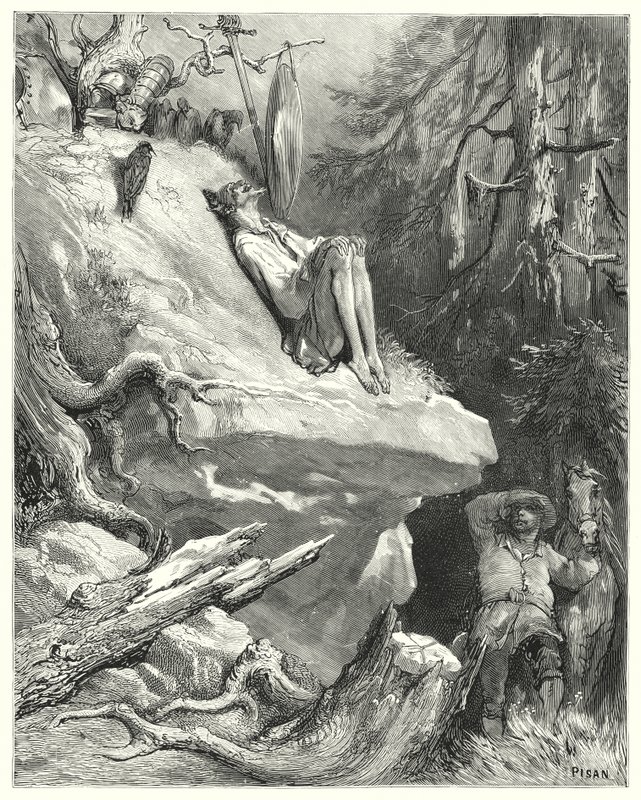 Gustave Dore Don Quijote: "Jaj!" Sancho így válaszolt: "Az ingében találtam rá, soványan, sápadtan és szinte éhezve, amint Lady Dulcinea után sóhajt" (metszet) alkotó: Gustave Dore