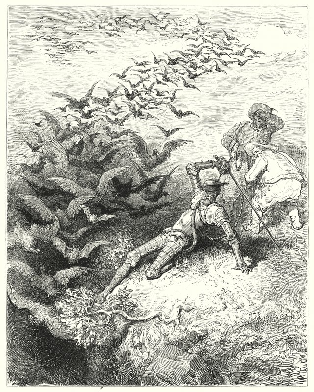 Gustave Dore Don Quijote: "Végtelen számú túlnőtt varjú és hajnal rohanva repült ki a barlangból" (metszet) alkotó: Gustave Dore
