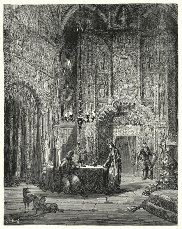 Gustave Dore Don Quijote: "Egy másik lány jön be a szobába, és elkezdi tájékoztatni, hogy melyik kastély ez, és hogyan van elvarázsolva benne" (metszet) alkotó: Gustave Dore