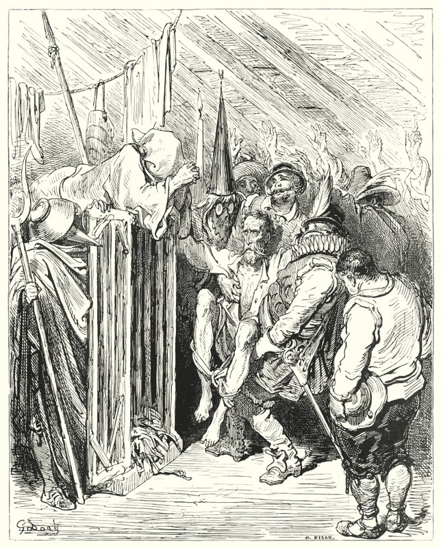Gustave Dore Don Quijote: "Ne légy türelmetlen, ó, a bánatos alak lovagja, a bebörtönzése miatt" (metszet) alkotó: Gustave Dore