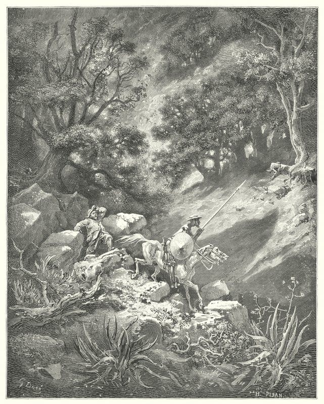 Gustave Dore Don Quijotéja: „De imádkozz, uram – idézi Sancho –, vajon jó-e a lovagi törvény, amely azt mondja, hogy fel-alá vándorolunk, bokrok és rózsák között ebben a sziklás vadonban? (metszés) alkotó: Gustave Dore