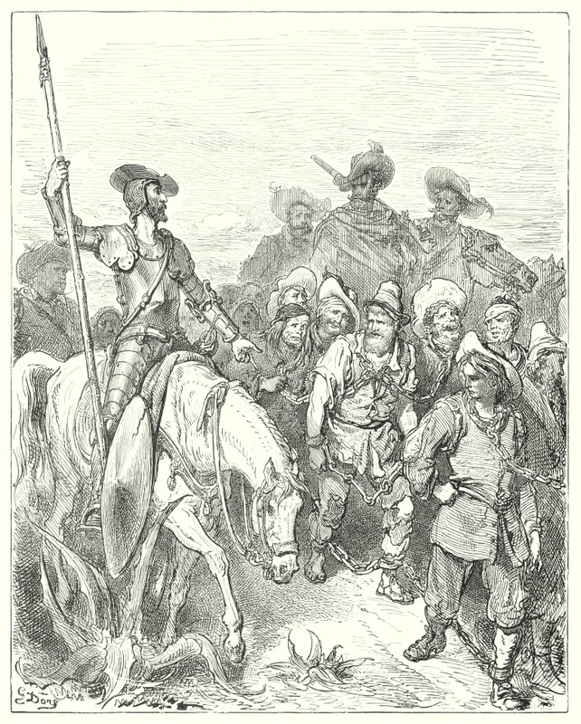 Gustave Dore Don Quijote: "Don Quijote először megkérdezte, milyen bűnökért követte el ezeket a nyomorúságos körülményeket" (metszet) alkotó: Gustave Dore