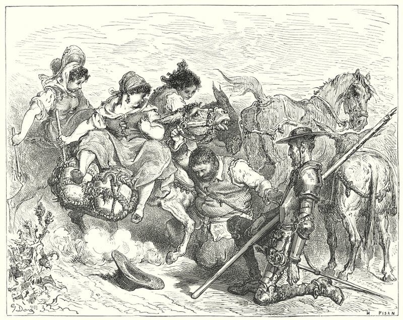 Gustave Dore Don Quijote: "Don Quijote kétkedő és vigasztaló szemekkel nézte azt a lényt, akit Sancho királynőnek és hölgynek nevezett" (metszet) alkotó: Gustave Dore