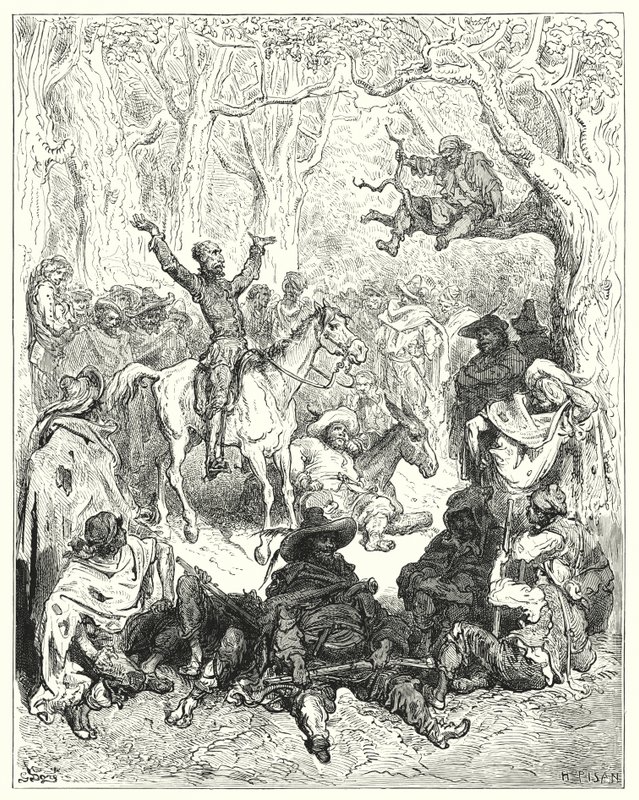 Gustave Dore Don Quijote: "Don Quijote, Rozinante-ra szerelve, nagyon bőszen kiált az életmódjuk ellen" (metszet) alkotó: Gustave Dore