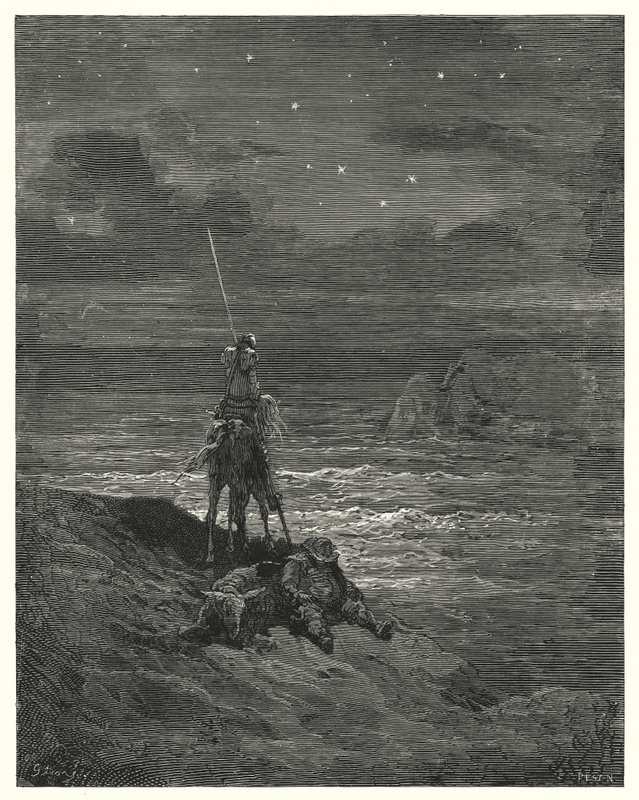Gustave Dore Don Quijote: "Don Quijote ott maradt, és várta a nap közeledtét" (metszet) alkotó: Gustave Dore
