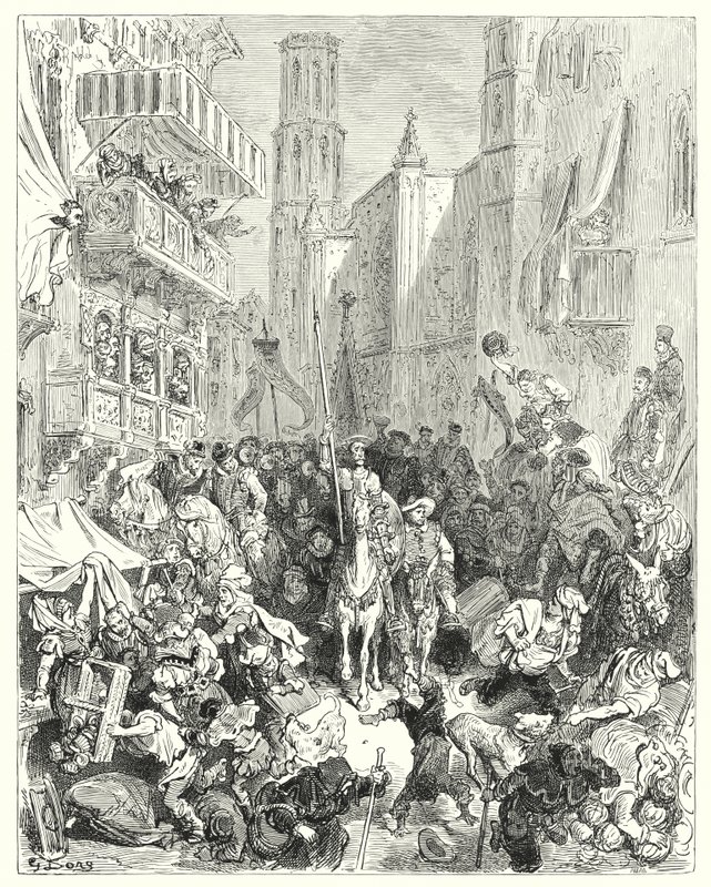 Gustave Dore Don Quijote: „A brigád közepébe zárva a város felé vezették” (metszet) alkotó: Gustave Dore