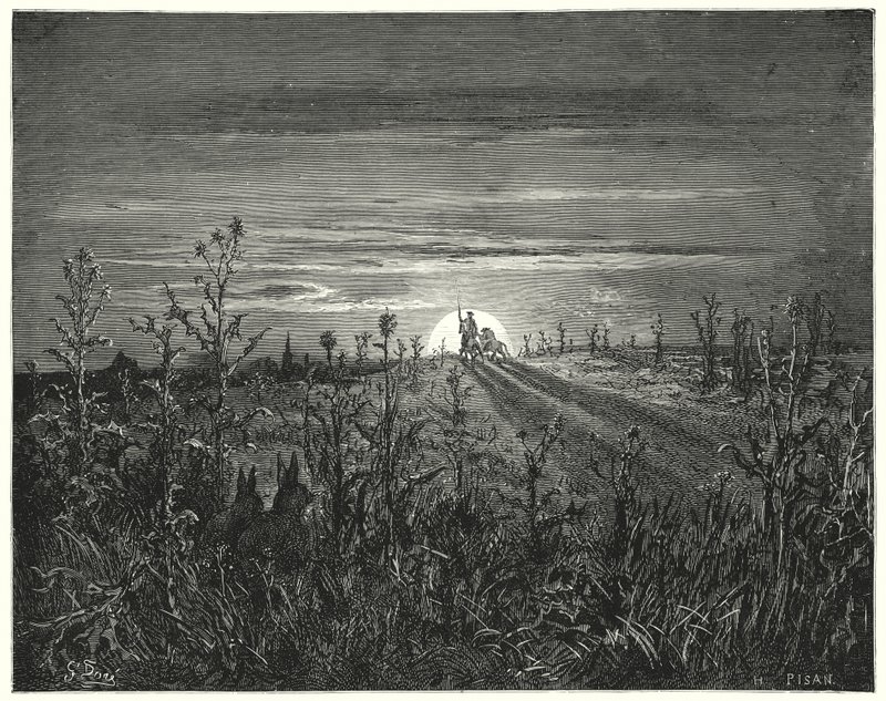 Gustave Dore Don Quijote: "Sancho barát," mondta Don Quijote, "Úgy látom, hogy a közeledő éjszaka utolér minket, mielőtt elérnénk Tobosót" (metszet) alkotó: Gustave Dore