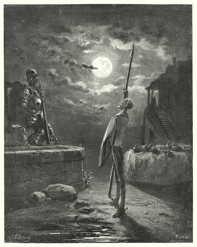 Gustave Dore Don Quijote: "Kecses viselkedéssel kezdett járkálni a lóvályú mellett" (metszet) alkotó: Gustave Dore
