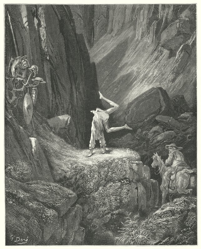 Gustave Dore Don Quijote: „Két-három ütést adott a levegőben, majd a kezére támaszkodva kétszer összehúzta a sarkát a feje fölött” (metszet) alkotó: Gustave Dore
