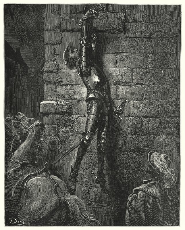 Gustave Dore Don Quijote: "Elkerülhetetlenül a földre esett, ha a csuklója nem volt biztonságosan rögzítve a kötélhez" (metszet) alkotó: Gustave Dore