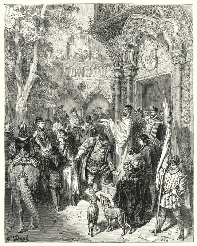 Gustave Dore Don Quijote: "Búcsúzáskor kezet csókolt a hercegnek és a hercegnőnek, és megkapta gazdája áldását" (metszet) alkotó: Gustave Dore