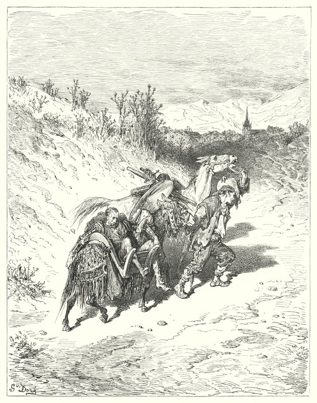 Gustave Dore Don Quijote: "Mindnyájukat a falu felé vezette, és egy lábnyit toporgott, nagyon töprengve" (metszet) alkotó: Gustave Dore