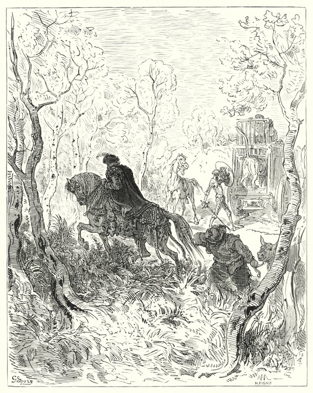 Gustave Dore Don Quijote: „Közvetlenül a ketrec ajtaja elé lépett” (metszet) alkotó: Gustave Dore