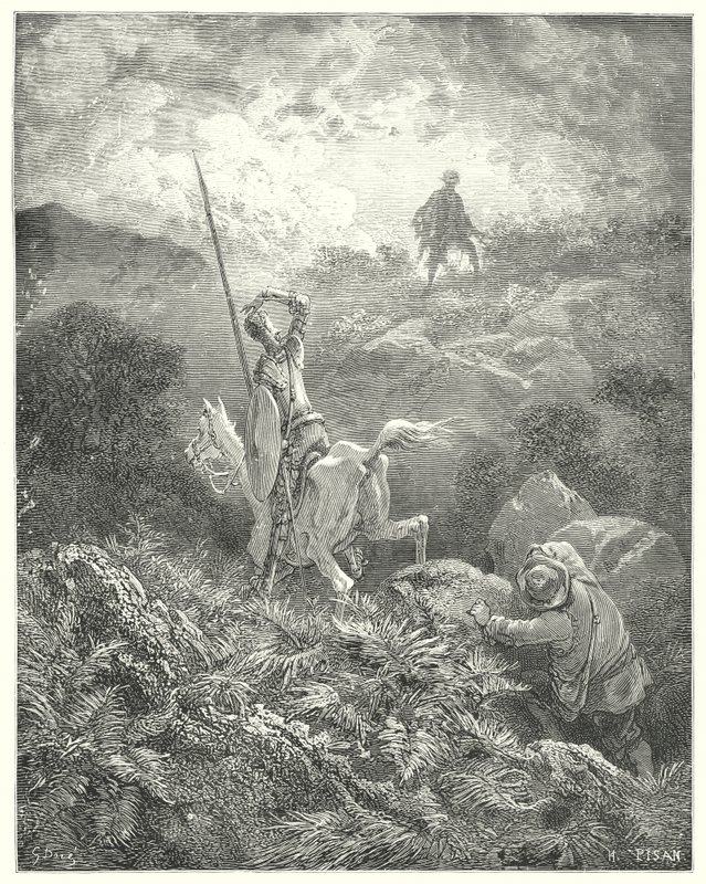 Gustave Dore Don Quijote: „Egy köves szikla tetején kémkedett közvetlenül előtte egy embert, aki csodálatos mozgékonysággal ugrált szikláról sziklára” (metszet) alkotó: Gustave Dore