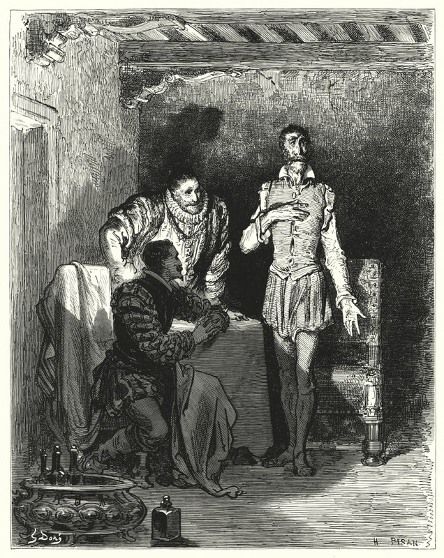 Gustave Dore Don Quijote: "Elmesélte az uraknak a lány elvarázsolásának teljes történetét" (metszet) alkotó: Gustave Dore