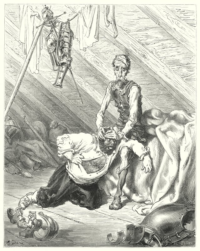 Gustave Dore Don Quijote: "Valóban hitte, hogy eljött az utolsó órája" (metszet) alkotó: Gustave Dore
