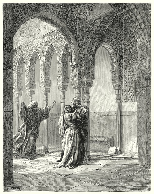 Gustave Dore Don Quijote: "Az apja sietve eljött hozzánk, és látva a lányát ilyen állapotban, megkérdezte tőle, mi a baj" (metszet) alkotó: Gustave Dore