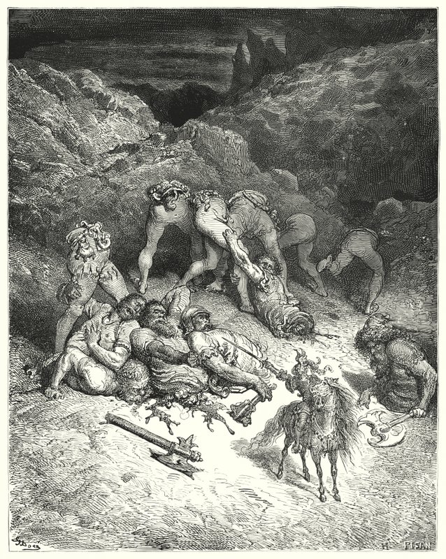 Gustave Dore Don Quijote: "Hogyan vágott le Felixmarte öt óriást a közepén" (metszet) alkotó: Gustave Dore