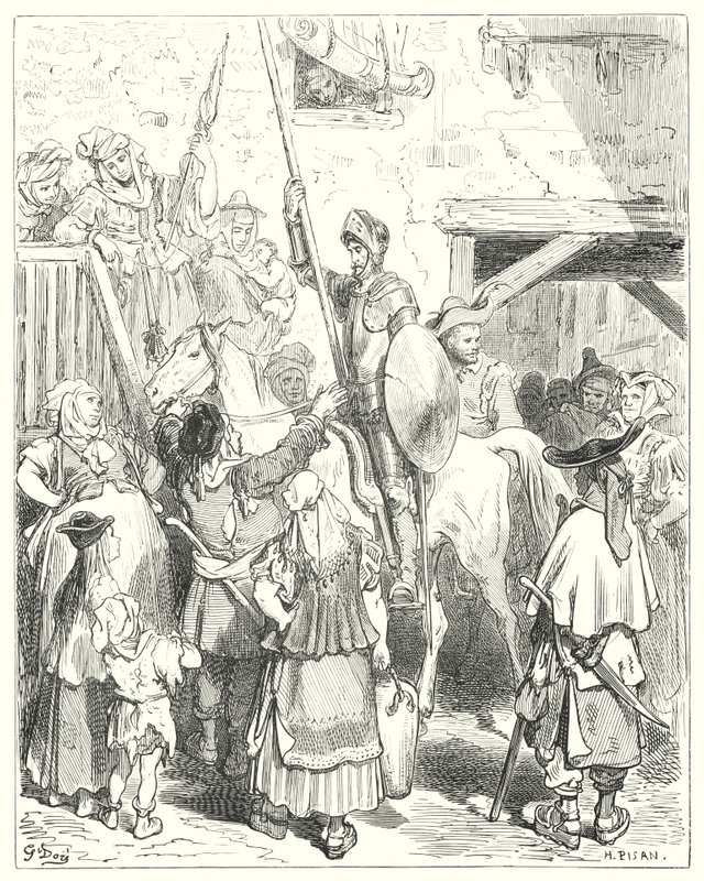 Gustave Dore Don Quijote: "Nekem ehhez az egészhez semmi közöm" - kiáltotta a fogadós; "fizesse be a számítását" (metszet) alkotó: Gustave Dore