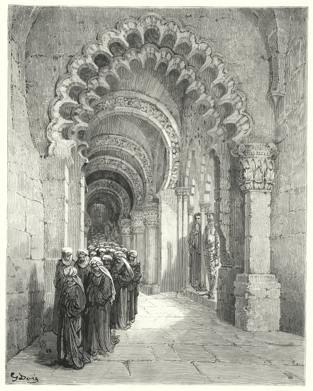 Gustave Dore Don Quijote: "Láttam a legszebb lányok gyászos menetét, csupa feketében" (metszet) alkotó: Gustave Dore