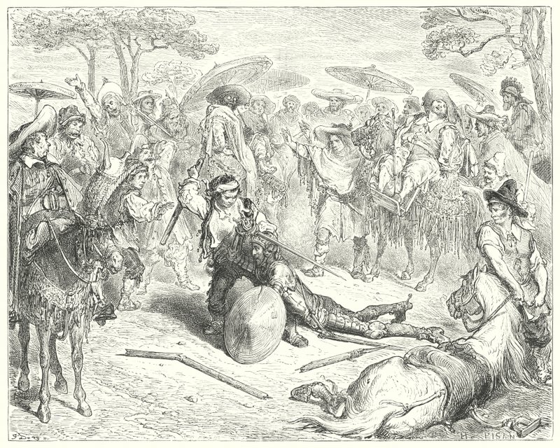 Gustave Dore Don Quijote: "A karja ellenére úgy csapkodta, mint egy búzakévét" (metszet) alkotó: Gustave Dore