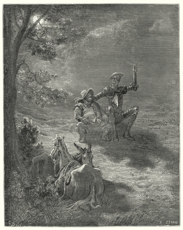 Gustave Dore Don Quijote: "Az ilyen beszédekben az éjszaka nagy részét töltötték" (metszet) alkotó: Gustave Dore
