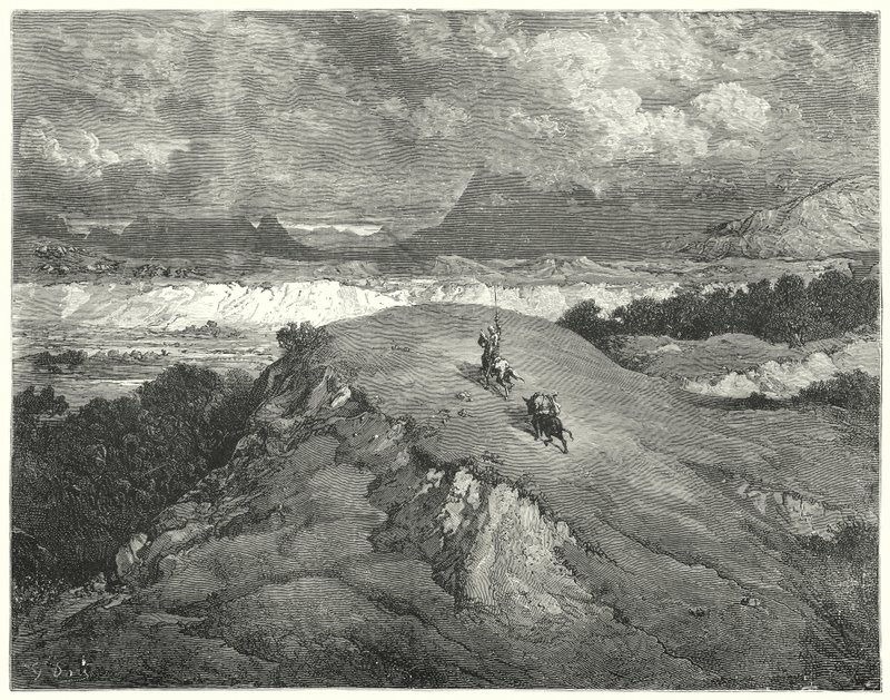 Gustave Dore Don Quijote: "Éjszaka volt, mielőtt két utazónk a hegy legsivatagabb részére ért volna" (metszet) alkotó: Gustave Dore