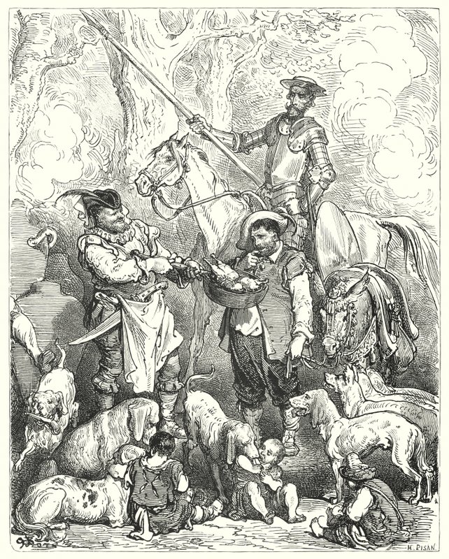 Gustave Dore Don Quijote: „Csinálj váltást, hogy a vacsora elkészültéig tartsd a gyomrod” (metszet) alkotó: Gustave Dore