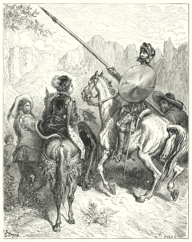 Gustave Dore Don Quijote: „Most, hölgyem – mondta Don Quijote –, hadd könyörögjek nagyságodhoz, mondja meg, melyik utat kell mennünk, hogy szolgálatot tegyek” (metszet) alkotó: Gustave Dore