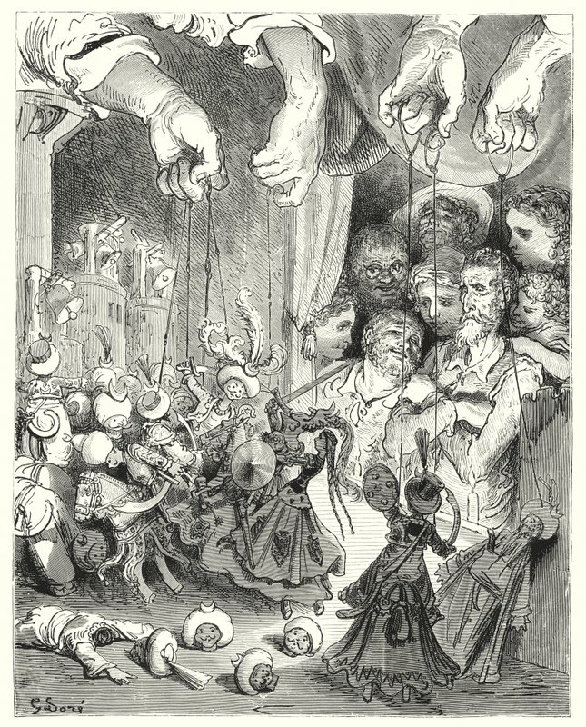 Gustave Dore Don Quijote: „Nézze meg, milyen hatalmas csillogó lovas társaság özönlik ki a városból a keresztény szerelmesek üldözésére” (metszet) alkotó: Gustave Dore
