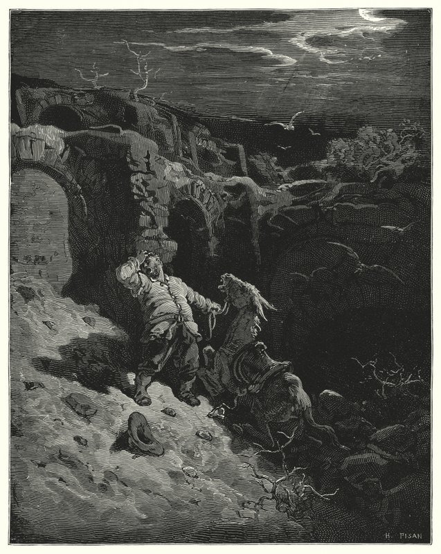 Gustave Dore Don Quijote: „Ó, kedves társam és barátom – mondta a fenekére –, milyen rosszul viszonoztam hűséges szolgálatodat!” (metszet) alkotó: Gustave Dore