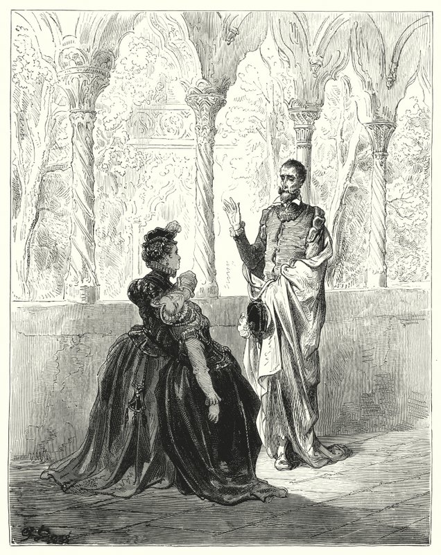 Gustave Dore Don Quijote: "Imádkozz, Lord Don Quijote, vonulj vissza, mert ez a szegény fiatal teremtmény nem jön magához, amíg itt vagy" (metszet) alkotó: Gustave Dore
