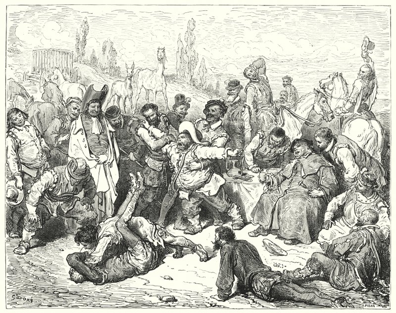Gustave Dore Don Quijote: "Egyedül Sancho Panza volt dühös, halálra idegesítette magát, és tombolt, mint egy őrült" (metszet) alkotó: Gustave Dore