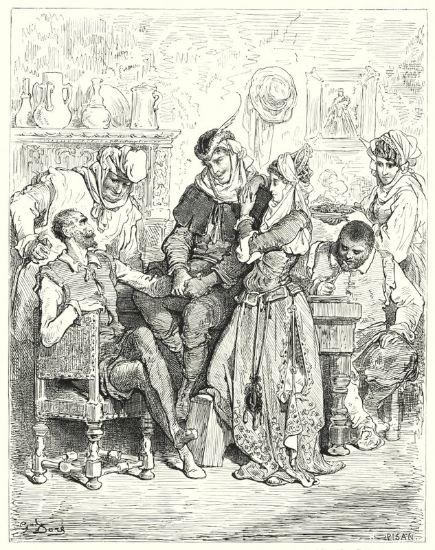 Gustave Dore Don Quijote: "Sancho és gazdája három napot töltöttek egy fiatal párnál, és úgy szórakoztak, mint a hercegek" (metszet) alkotó: Gustave Dore