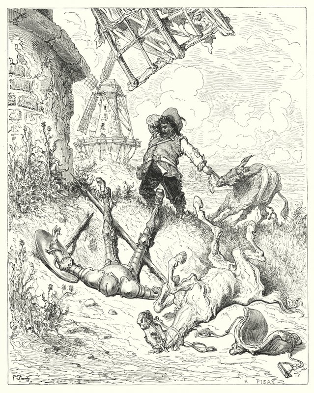 Gustave Dore Don Quijote: "Sancho olyan gyorsan futott, amilyen gyorsan csak tudott, hogy segítsen gazdájának" (metszet) alkotó: Gustave Dore
