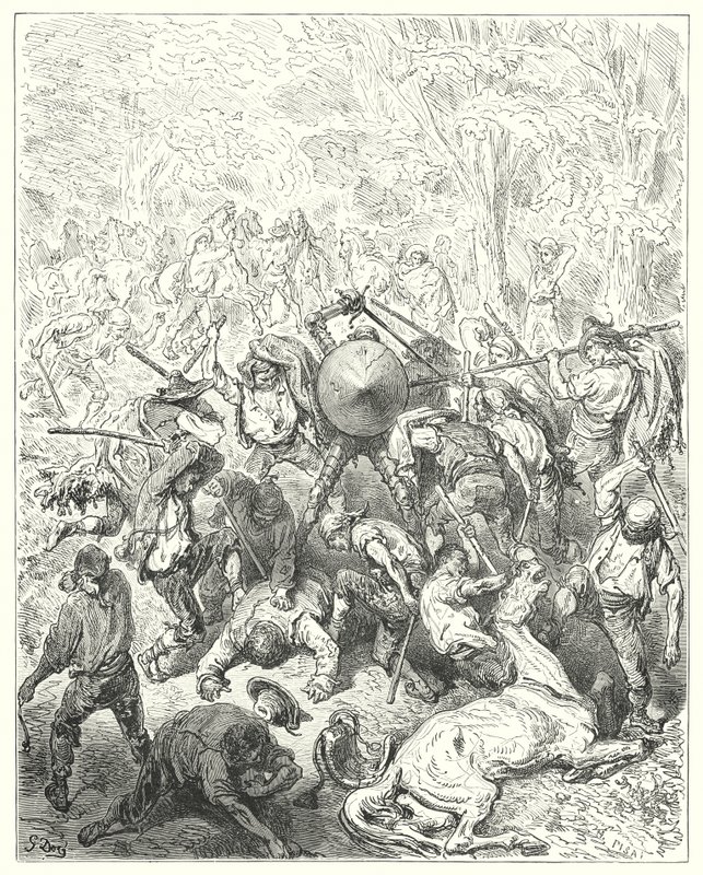 Gustave Dore Don Quijote: "A janguesiek a karjaikhoz és a falkáikhoz ragadták magukat" (metszet) alkotó: Gustave Dore