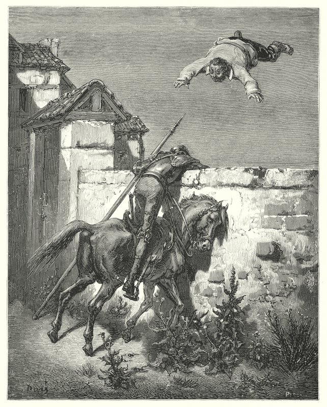 Gustave Dore Don Quijote: "Minél többet viharzott, annál többet hánykolódtak és nevettek" (metszet) alkotó: Gustave Dore