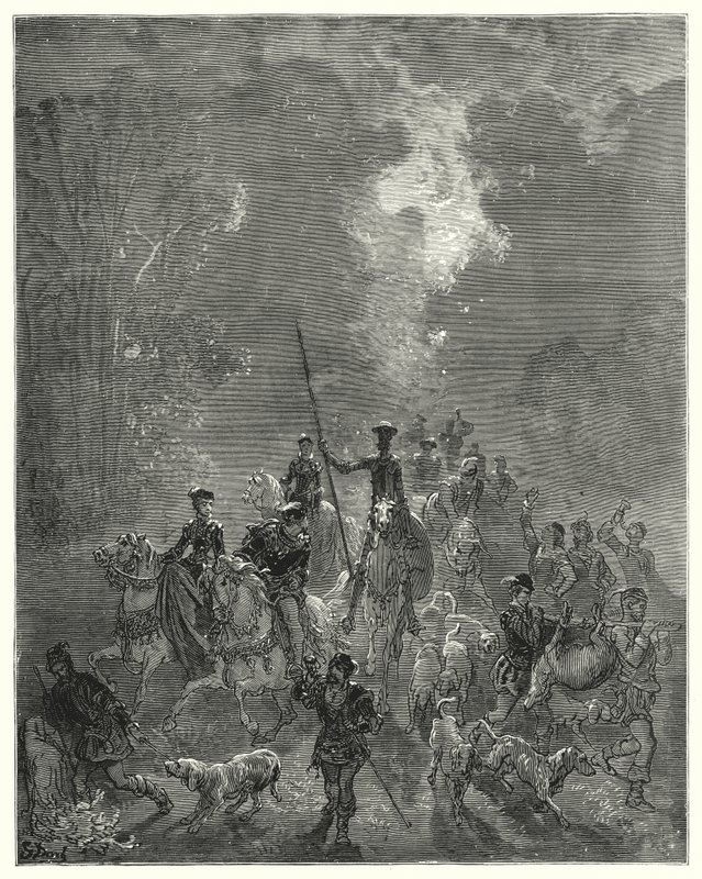 Gustave Dore Don Quijote: "Itt az udvarló leányzó befejezte a dalát" (metszet) alkotó: Gustave Dore