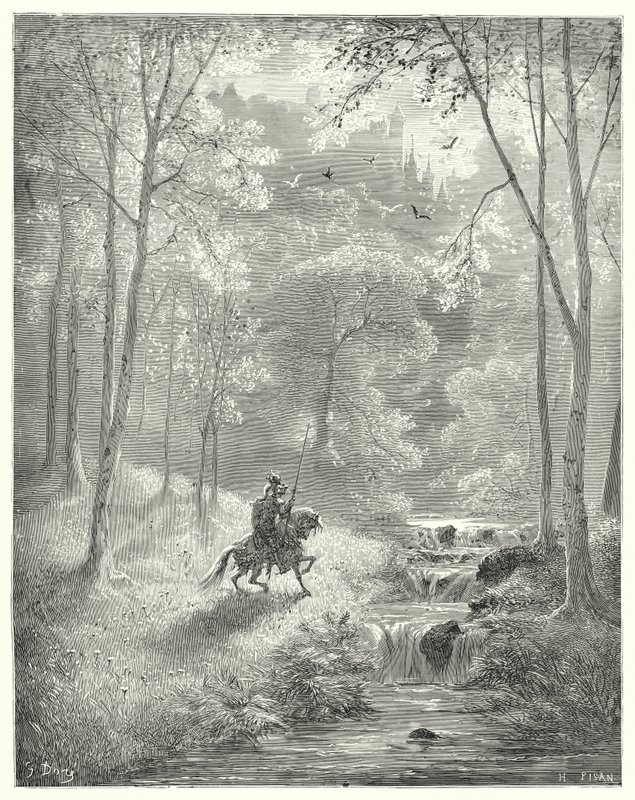 Gustave Dore Don Quijote: "Az égbolt átlátszóbbnak tűnik számára, és úgy tűnik, hogy a nap kétszeres fényerővel süt" (metszet) alkotó: Gustave Dore