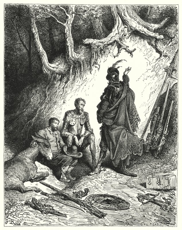 Gustave Dore Don Quijote: "A zsellérek elhagyták Don Quijotét, Roque-ot és Sanchót, hogy visszavárjanak" (metszet) alkotó: Gustave Dore