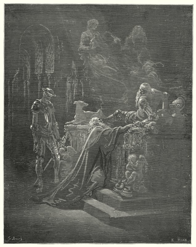Gustave Dore Don Quijote: "A tiszteletreméltó Montesinos térdre esett a szenvedő lovag előtt" (metszet) alkotó: Gustave Dore