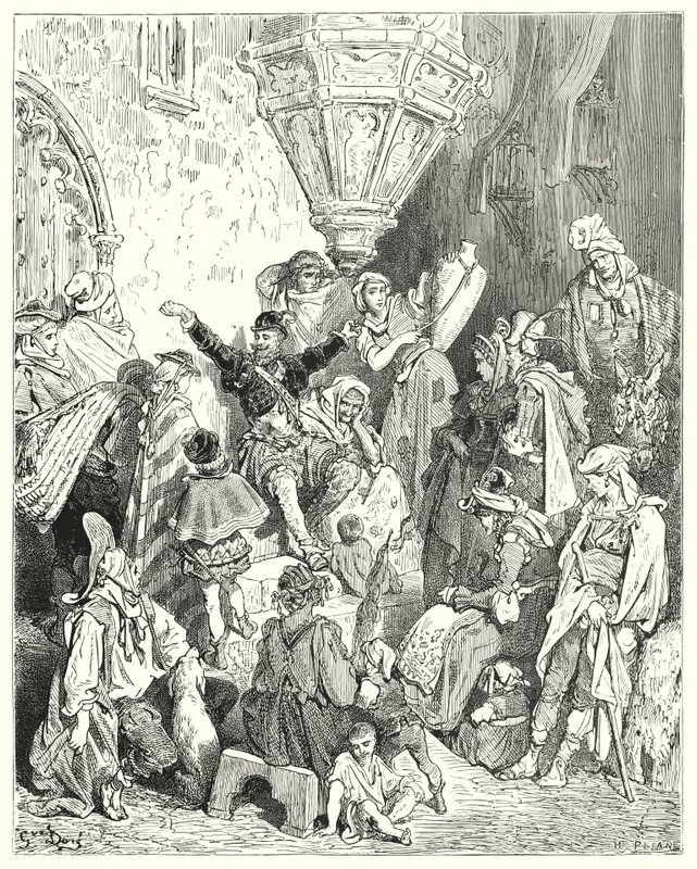 Gustave Dore Don Quijote: "Nem volt a föld színén az az ország, amelyet ne látott volna, és nem volt olyan csata, amelyben ne vett volna részt" (metszet) alkotó: Gustave Dore