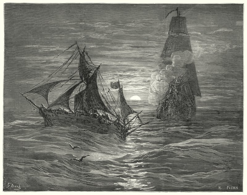 Gustave Dore Don Quijote: "A szél alatt két fegyvert lőttek ránk" (metszet) alkotó: Gustave Dore