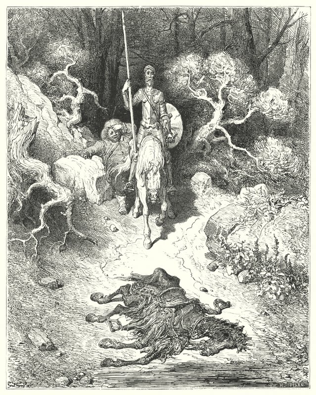 Gustave Dore Don Quijote: "Egy parkba értek, ahol egy öszvért találtak holtan" (metszet) alkotó: Gustave Dore