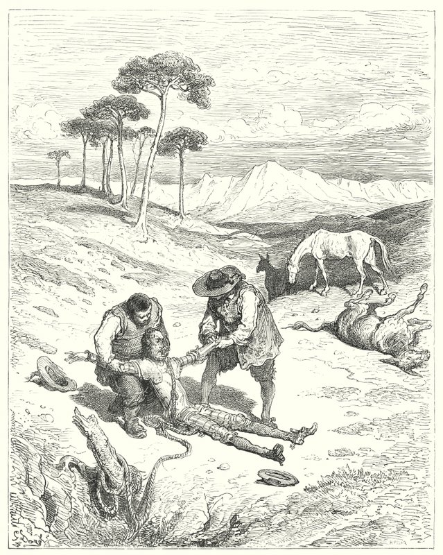 Gustave Dore Don Quijote: "Azt találták, hogy a szeme csukva van, mintha mélyen aludt volna" (metszet) alkotó: Gustave Dore