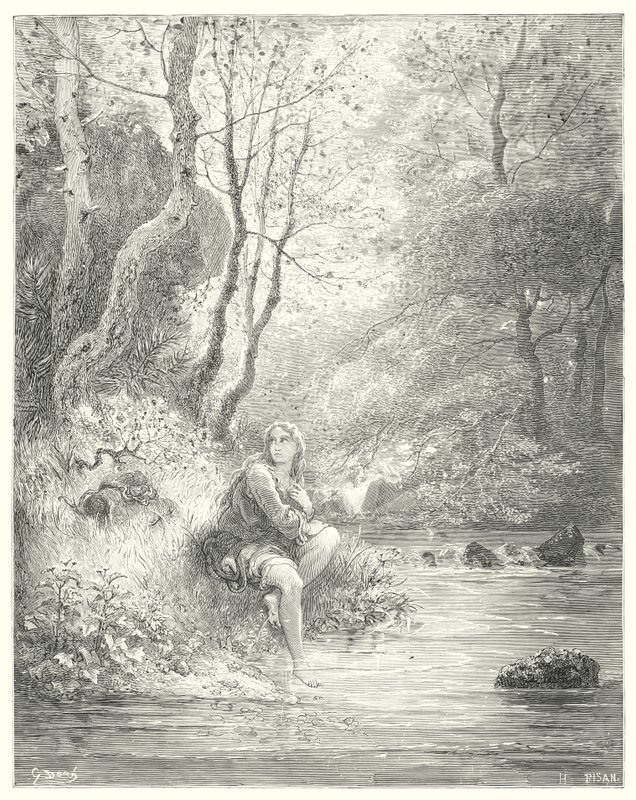 Gustave Dore Don Quijote: „Egy vidéki szokás szerint kémleltek egy fiatalt, aki egy szikla lábánál ült egy kőrisfa mögött” (metszet) alkotó: Gustave Dore