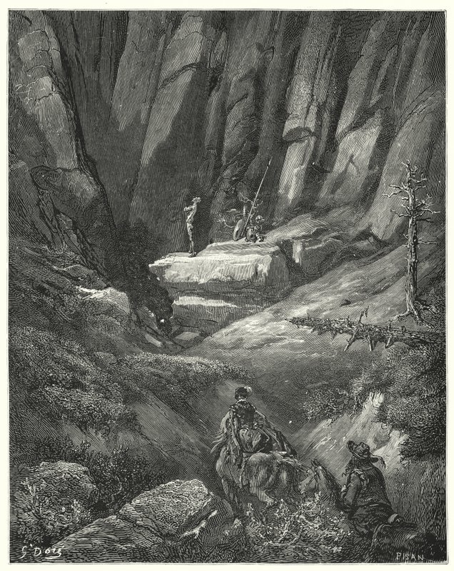 Gustave Dore Don Quijote: "Körülbelül háromnegyed bajnokságot mentek, majd a sziklák között megpillantották Don Quijotét, aki ekkorra már felvette a ruháit, bár nem a páncélját" (metszet) alkotó: Gustave Dore